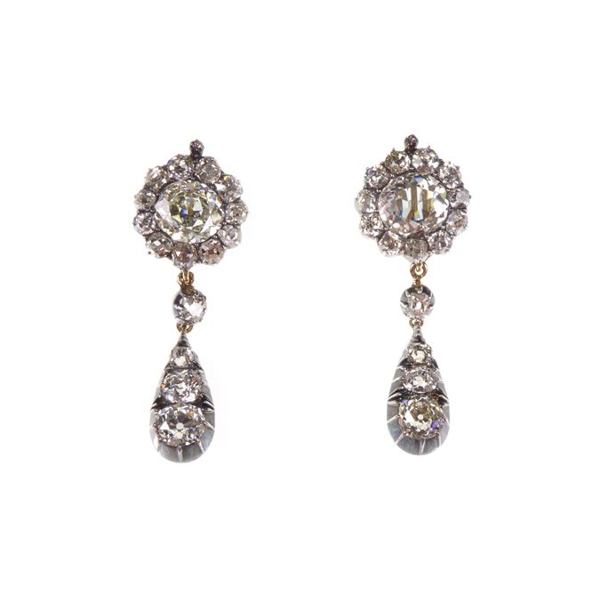 Pair of 19th century diamond cluster pendant earrings, detachable | MasterArt